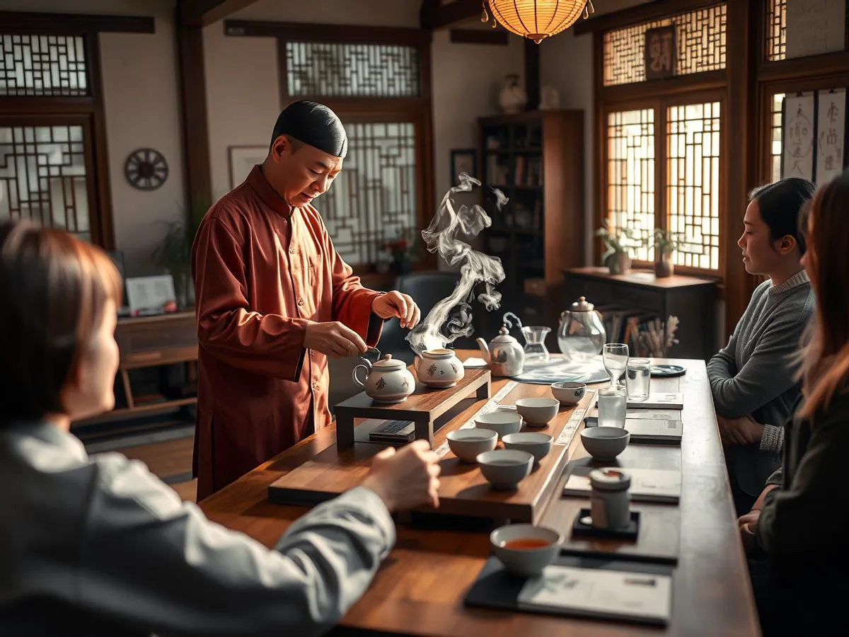南乙江茶艺培训课堂实景，讲师演示冲泡，学员观摩