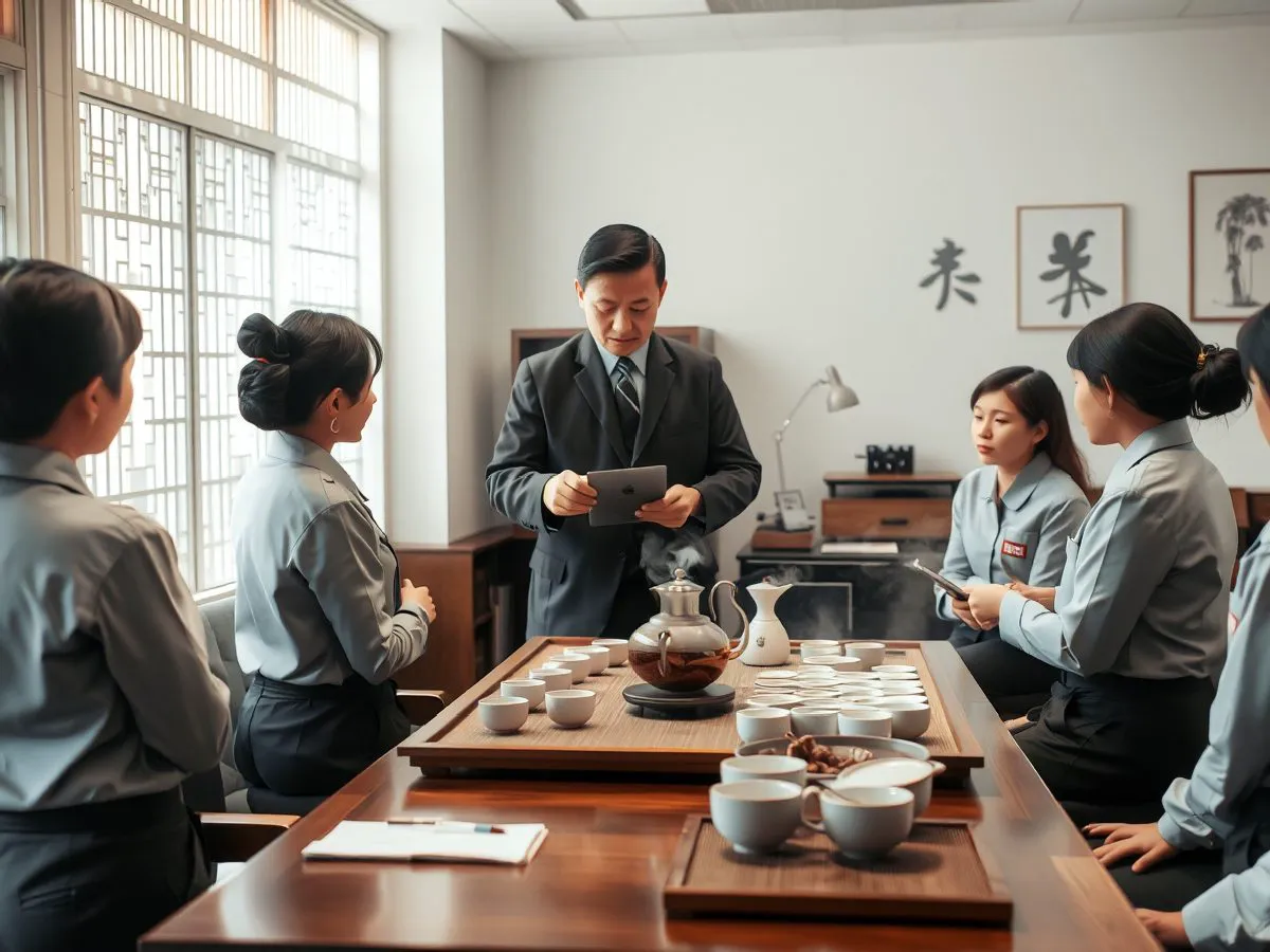 茶艺师在茶室中为学员演示冲泡技巧，学员认真观摩