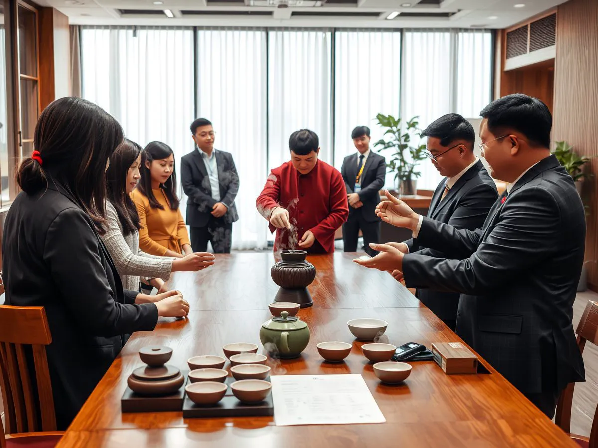 企业茶会活动中茶艺师进行表演，员工围坐观看