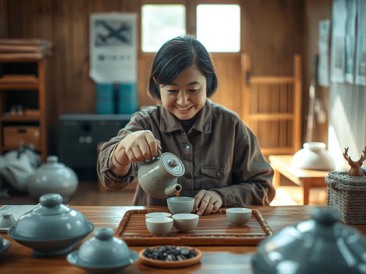 学员在茶室练习冲泡，桌上摆放茶具