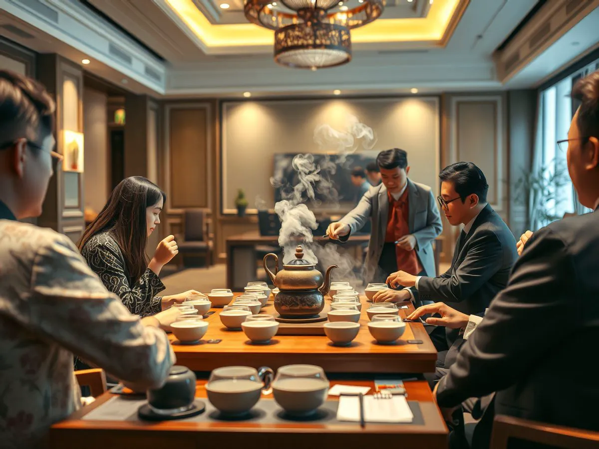 高端酒店内茶艺表演场景，茶艺师正在为客人冲泡名茶