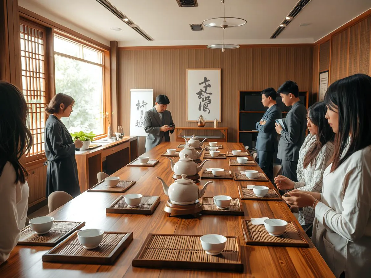 新开业茶馆内茶文化沙龙场景，访客正在品鉴茶汤