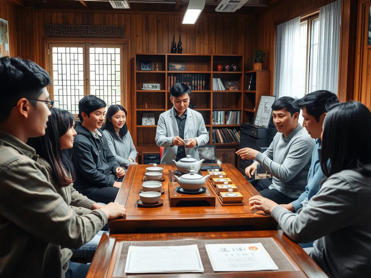 大学茶艺社团学生在茶室中学习茶艺冲泡，讲师示范动作