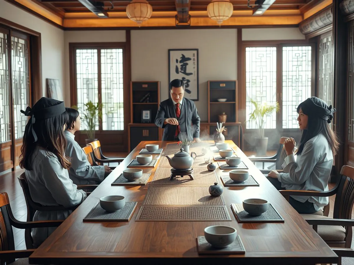 茶艺培训教室，讲师示范冲泡，学员围坐学习