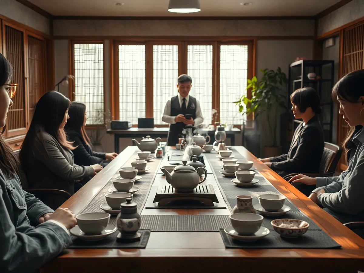 茶艺课堂，讲师示范冲泡，学员观摩学习