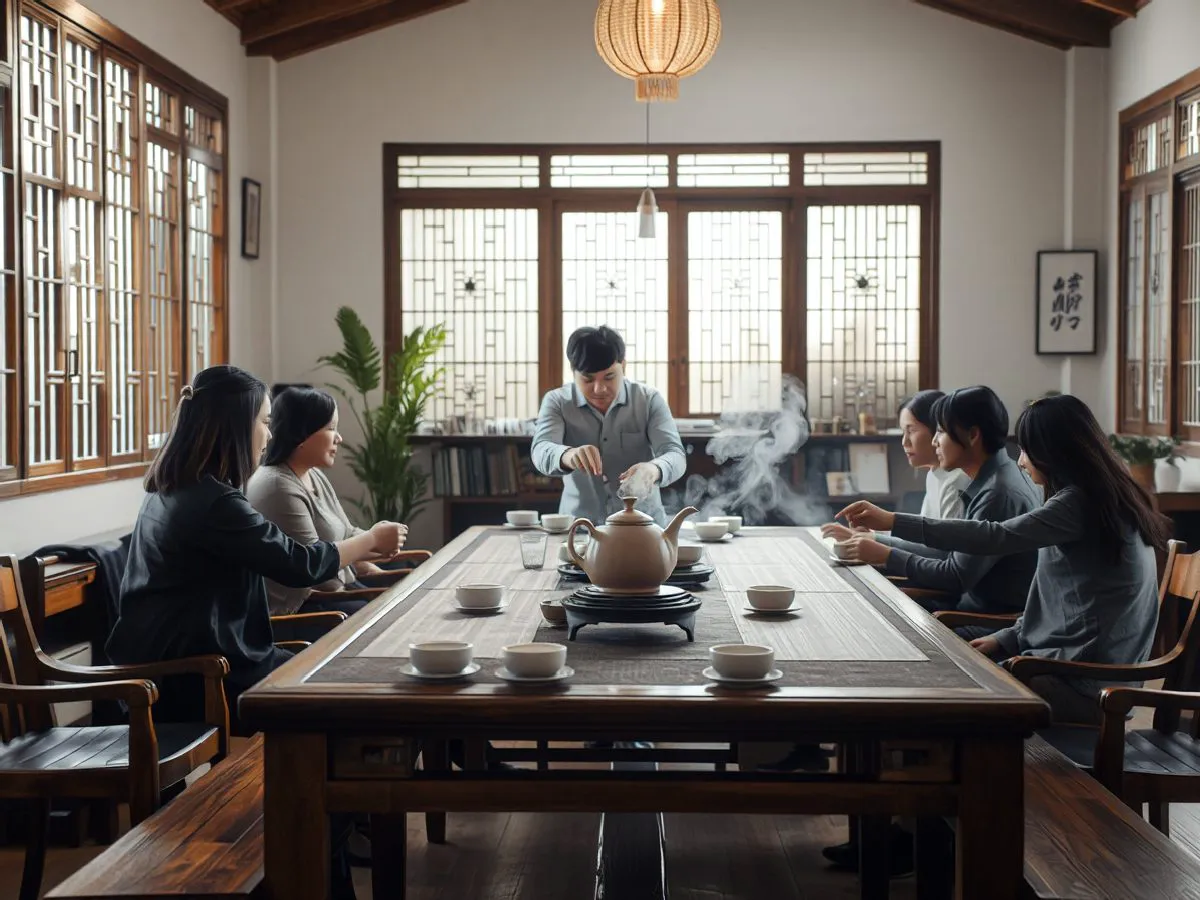 茶艺基础课程教学场景，讲师示范冲泡，学员观摩