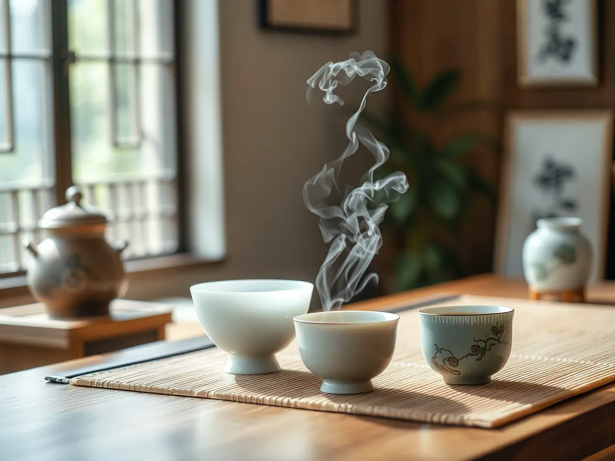 茶室中冲泡绿茶的教学场景，茶具齐全，蒸汽升腾