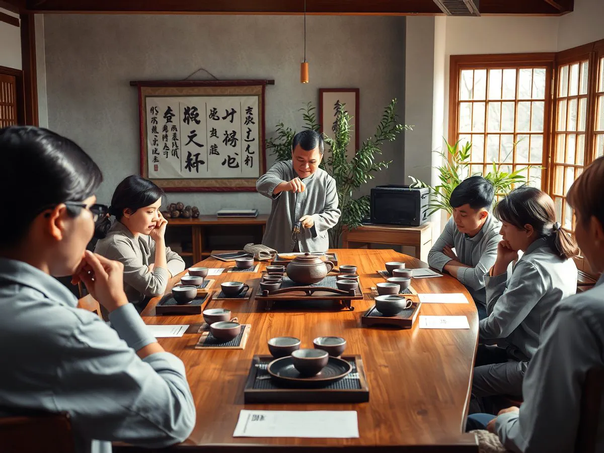 茶艺进阶课程教室，老师演示冲泡手法，学员观摩学习