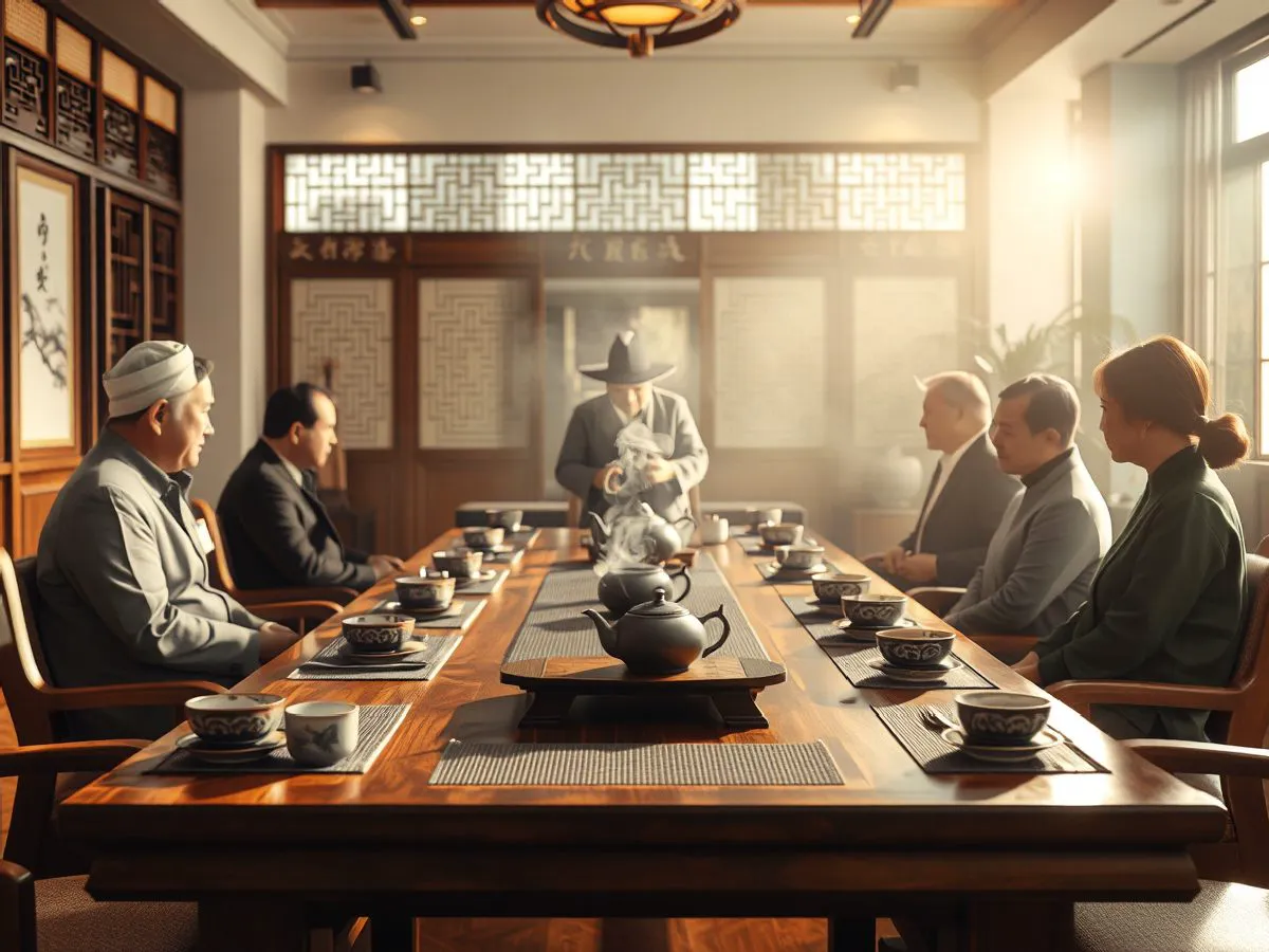 企业茶会现场，茶艺师为团队表演茶艺