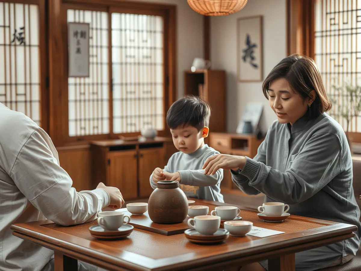 亲子茶艺体验场景，孩子与家长一起学习冲泡茶叶
