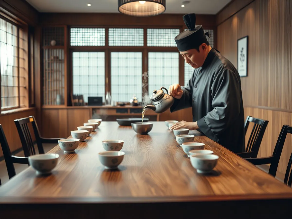 高端客户品鉴会场景，茶艺师正在为宾客冲泡名茶