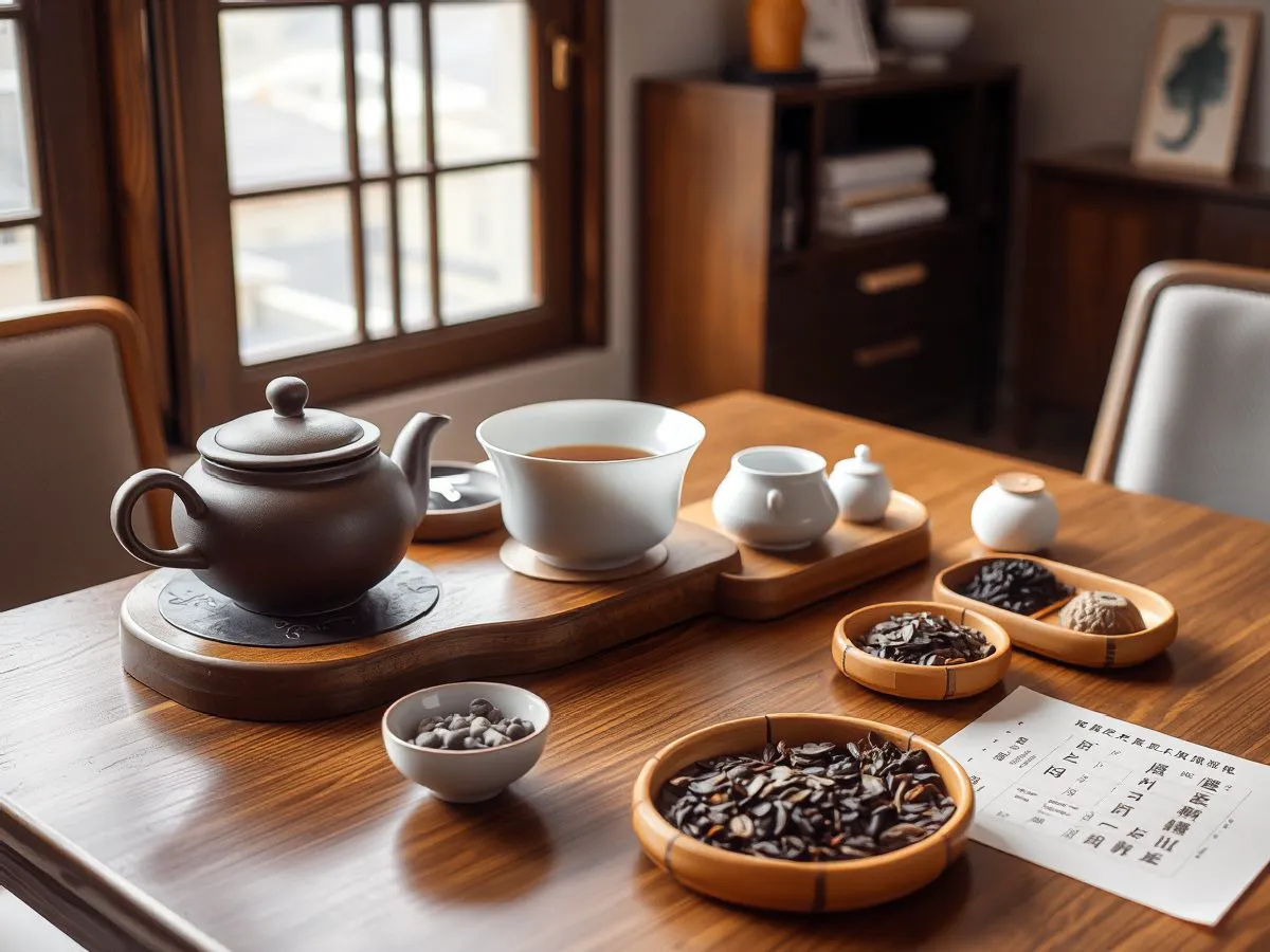 茶具与茶叶选购场景：紫砂壶、盖碗、玻璃杯及多种茶叶展示