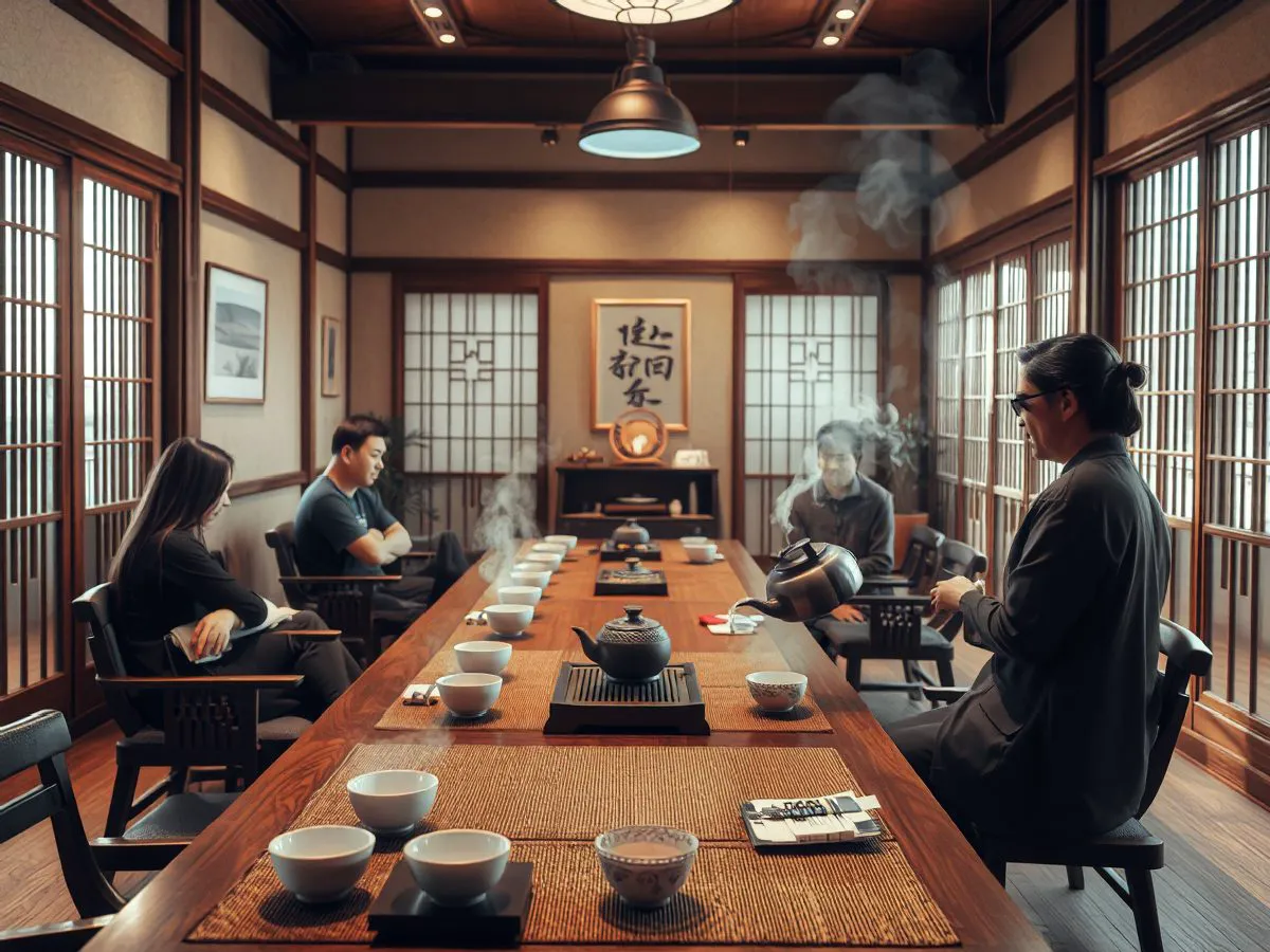 茶室内茶艺师为客人演示冲泡，茶具整齐摆放，氛围雅致