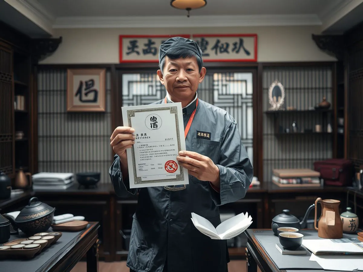 茶艺技师手持国家职业资格证书，背景为茶室与茶具