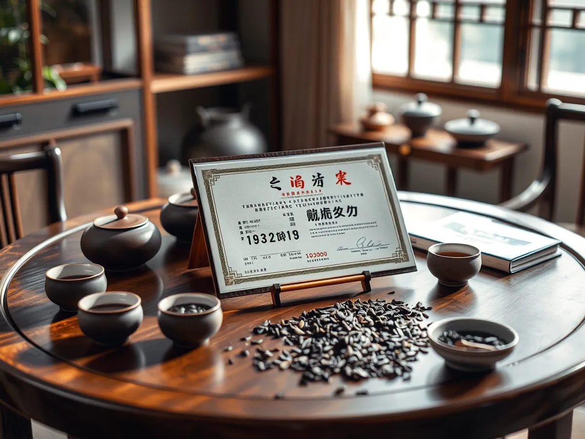 茶艺基础课程结业证书置于茶席上，周围有茶具和茶叶