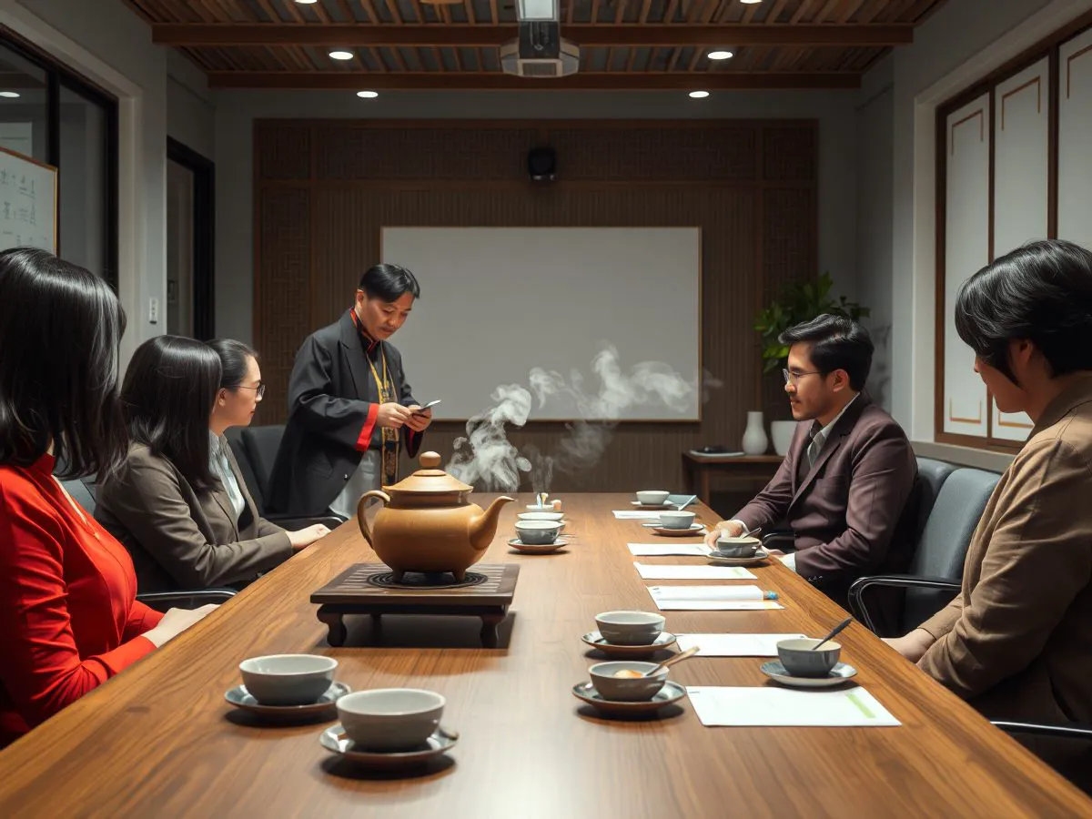 企业茶会活动现场，茶艺师为科技公司团队进行茶艺表演