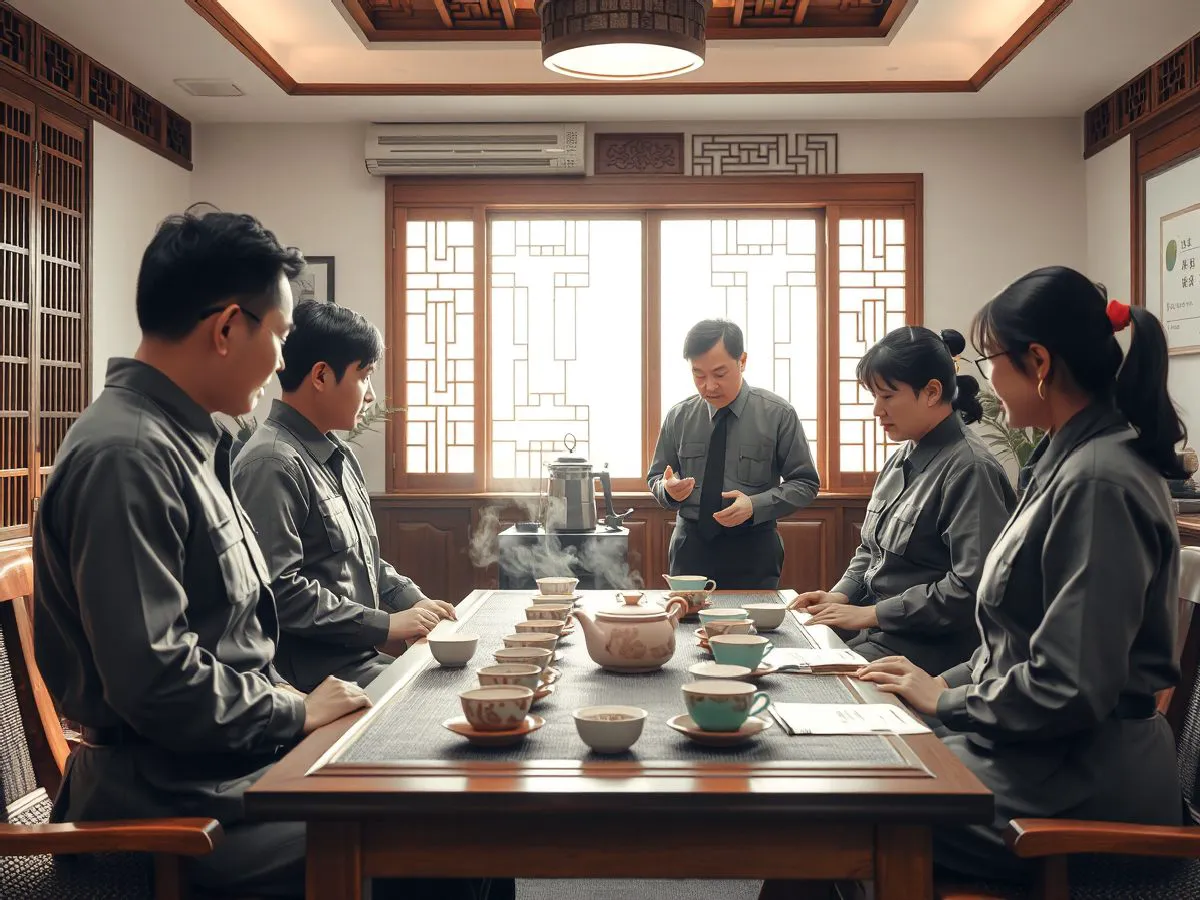 茶艺培训现场，讲师演示冲泡，学员观摩学习