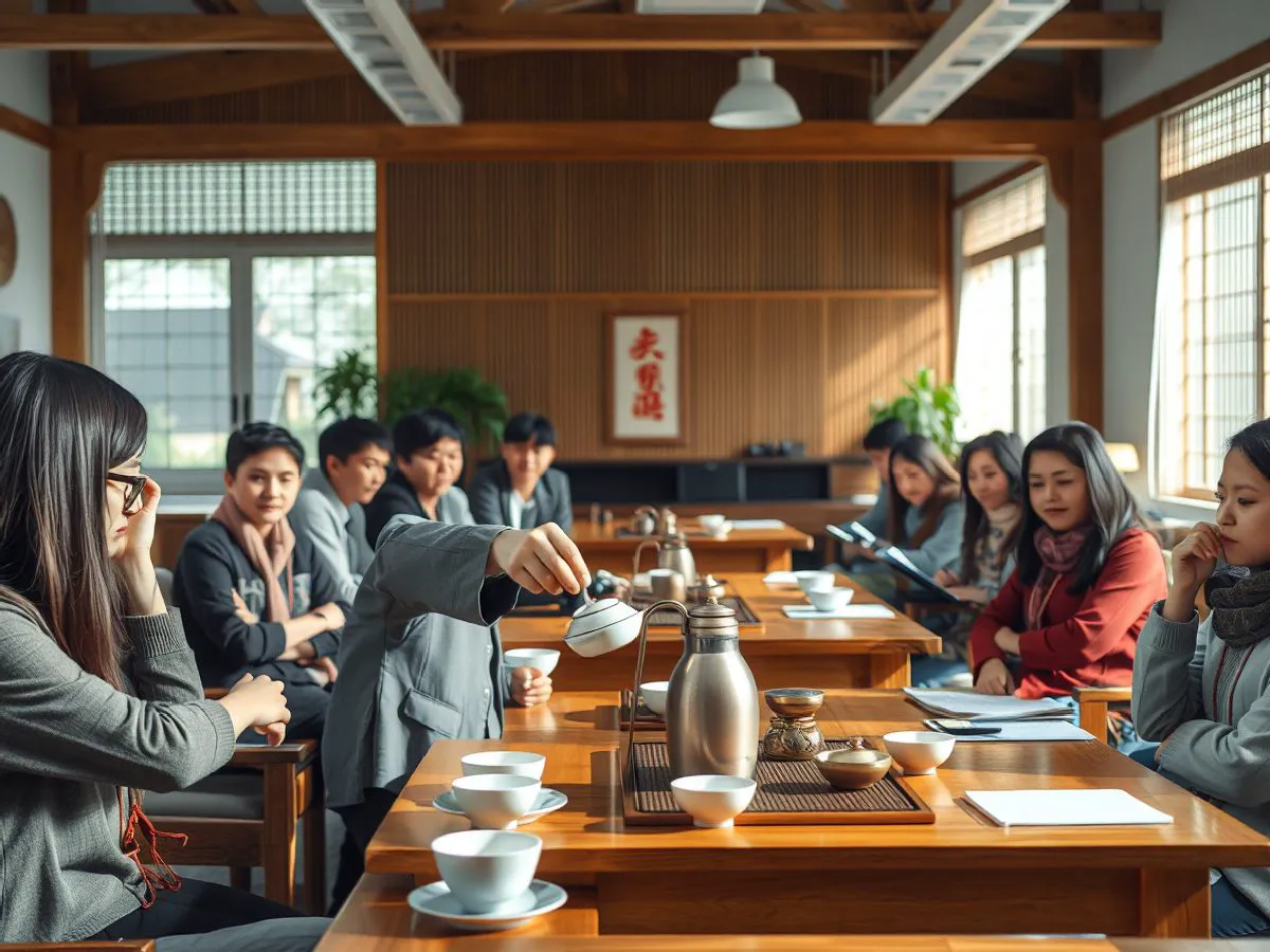 国际学校双语茶文化课程现场，教师示范冲泡，外籍学生观摩学习