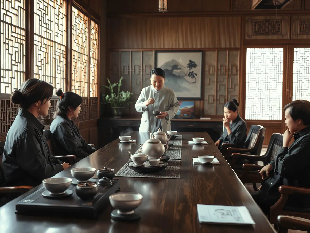 茶艺基础课程教学场景，讲师演示冲泡手法，学员认真观摩