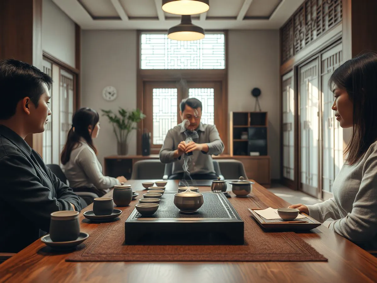 进阶茶艺研修课程场景，学员在茶室中观摩茶艺演示