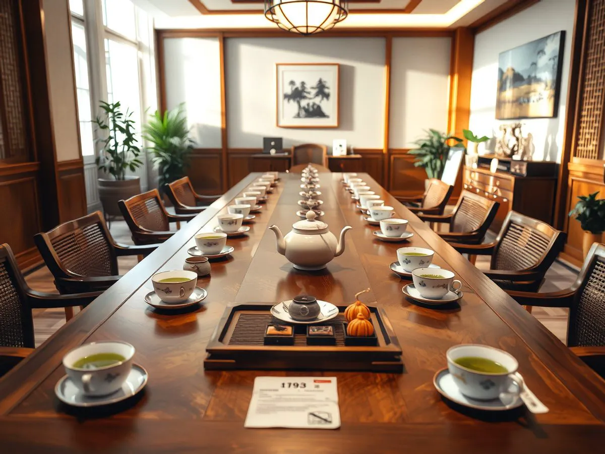 企业茶会活动现场布置，茶席、茶具与茶点整齐摆放，氛围典雅
