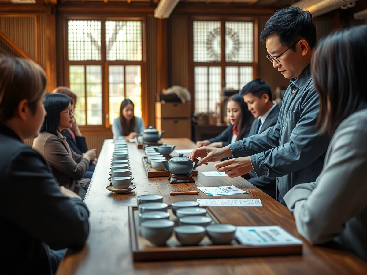 茶艺师认证培训课堂场景，讲师正在演示冲泡技巧