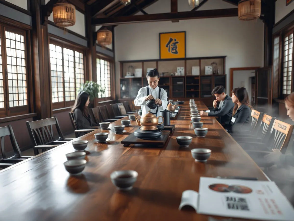 茶文化讲座体验场景，茶艺师展示冲泡技巧，学员围坐观察