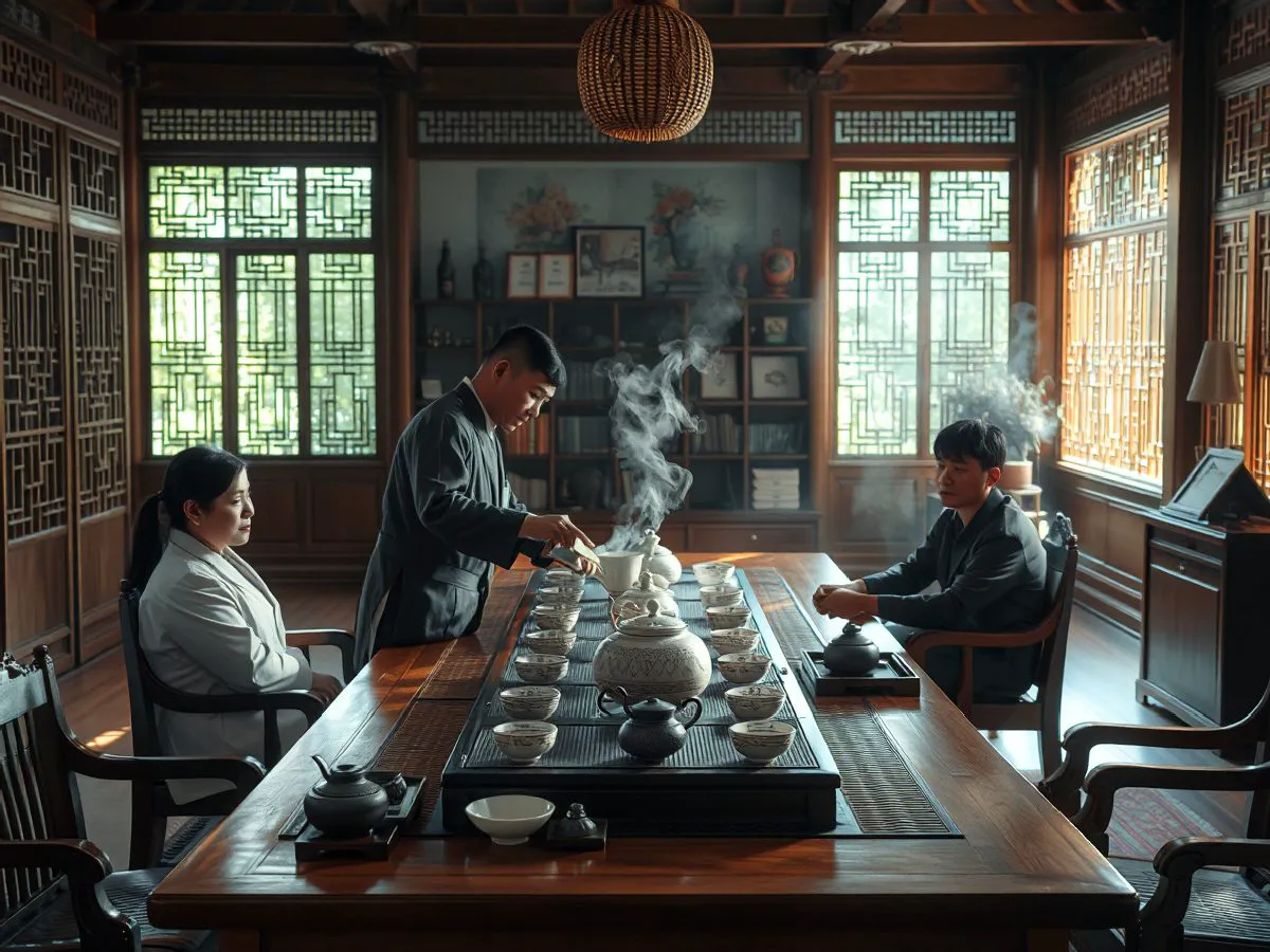 茶馆员工茶艺培训场景，茶艺师演示冲泡技巧