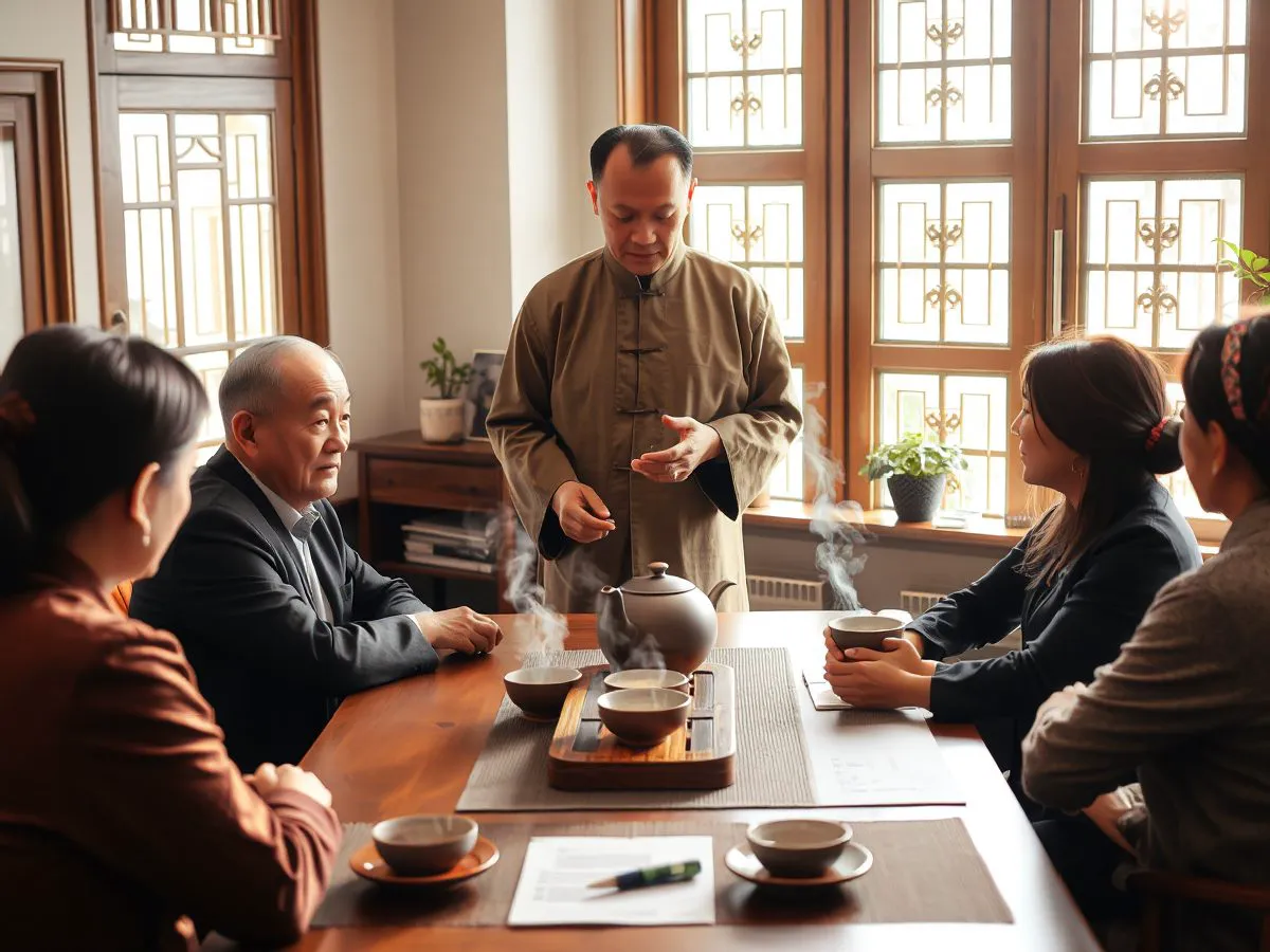 茶艺师为企业团队演示冲泡，员工围坐学习，氛围专注