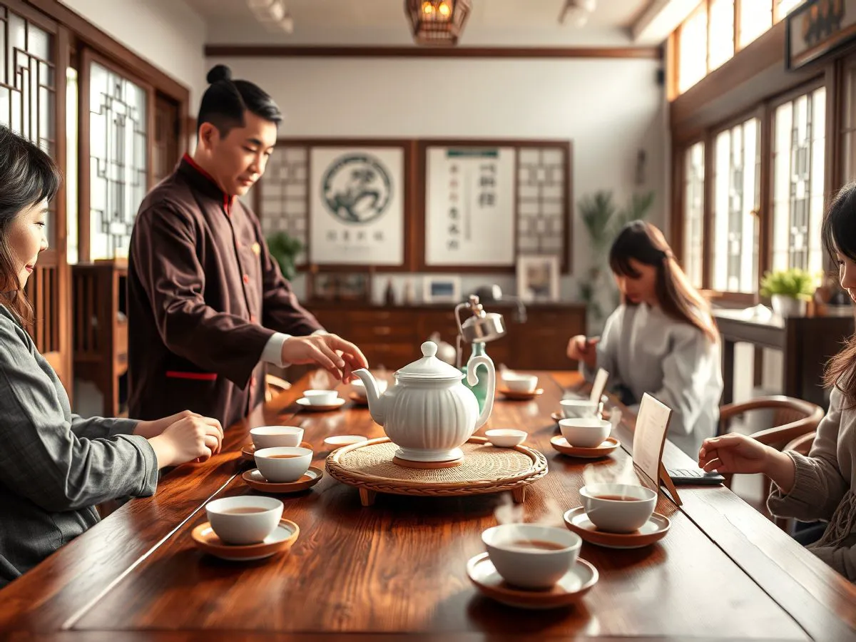 零基础茶艺入门课程实景，老师示范冲泡，学员观摩学习