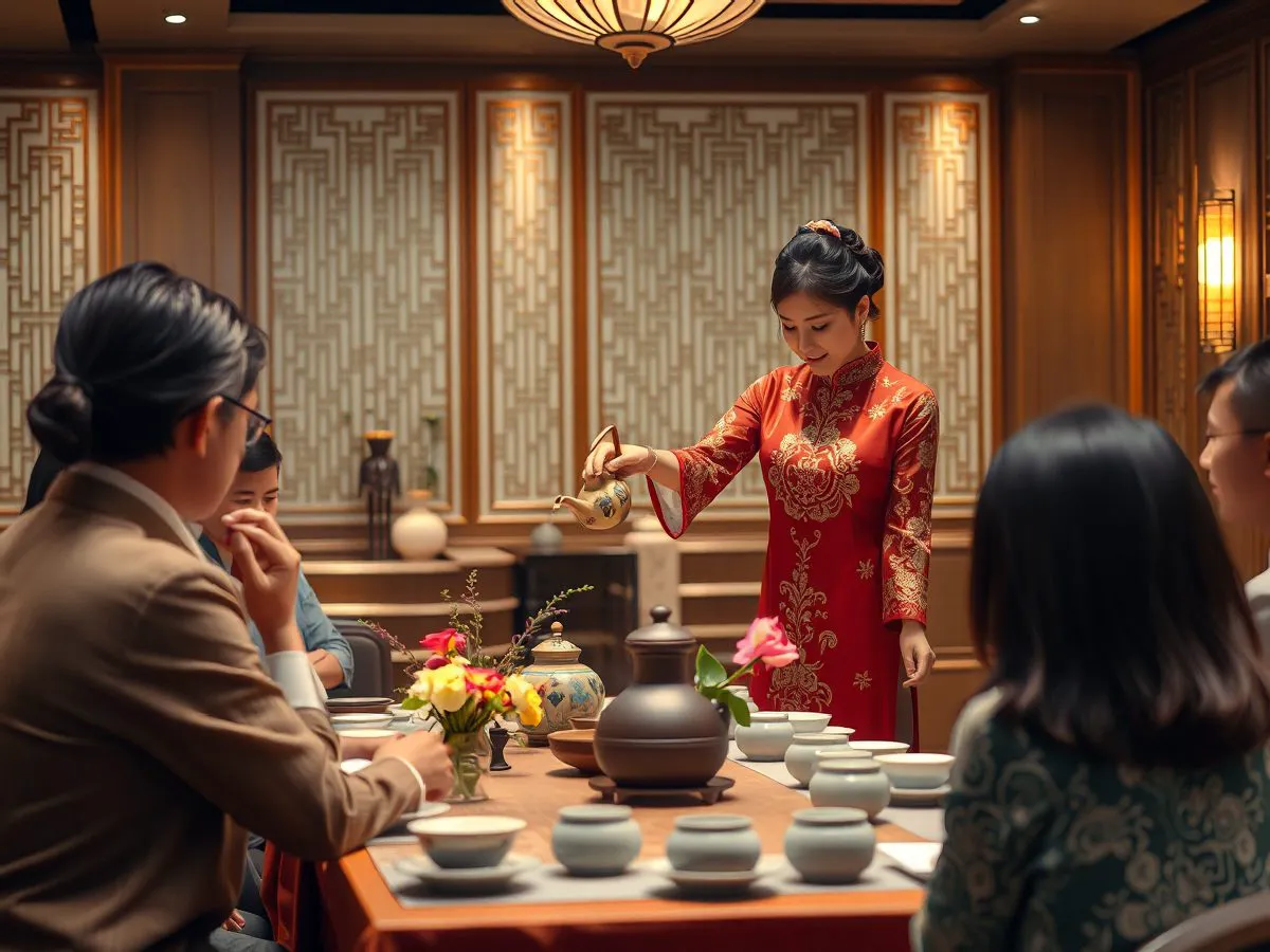 茶艺师在活动现场进行茶艺表演，茶席布置精美