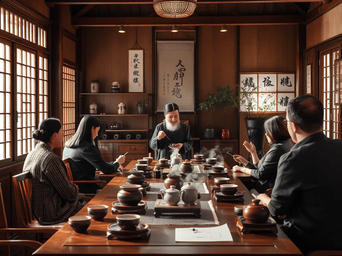 茶馆内茶艺表演吸引顾客围观的场景